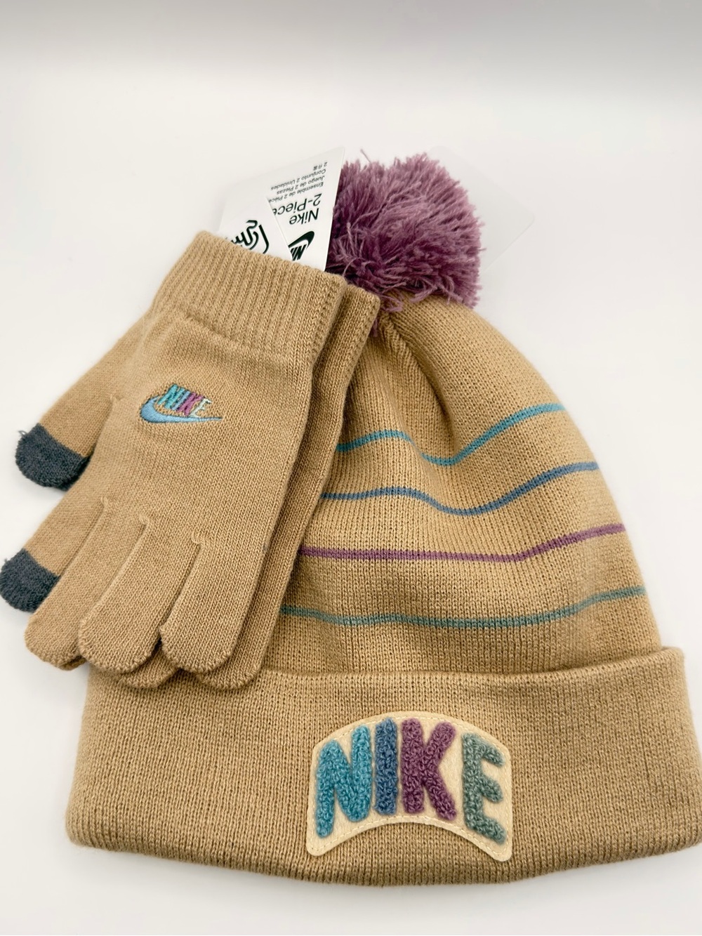 Nike Kids Beige Beanie and Glove Set with Purple Pom and Blue Accents